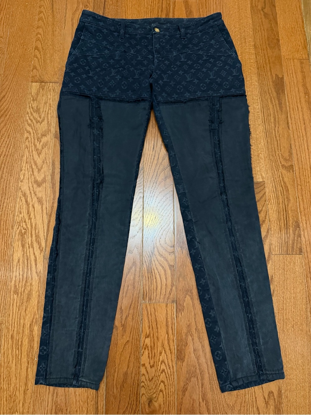 Authentic Louis Vuitton Navy Silk Panel Front Monogram Panel Jeans Size 42
